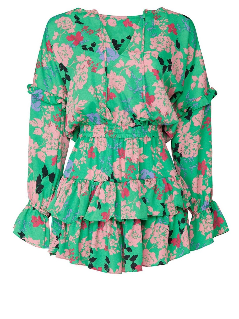 MISA Green Floral Ruffle Amalya Dress with Elastic Waist
